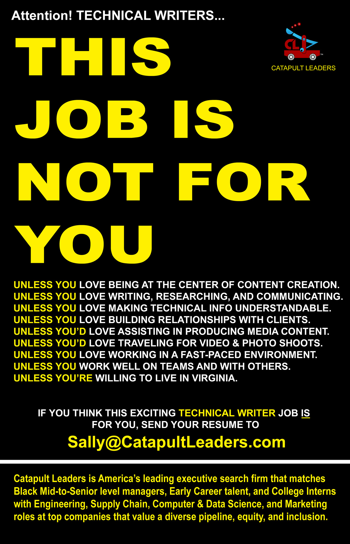 This Job Not for You - Technical Writer - Catapult Leaders