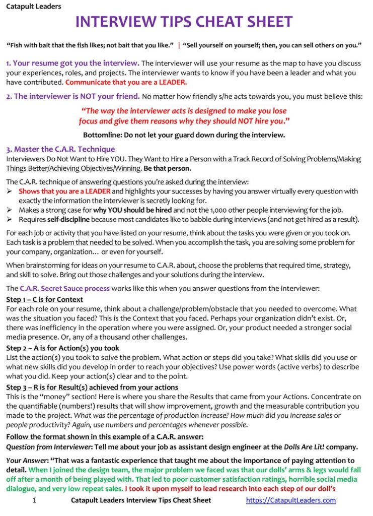 Catapult Leaders Interview Tips Cheat Sheet 1-4