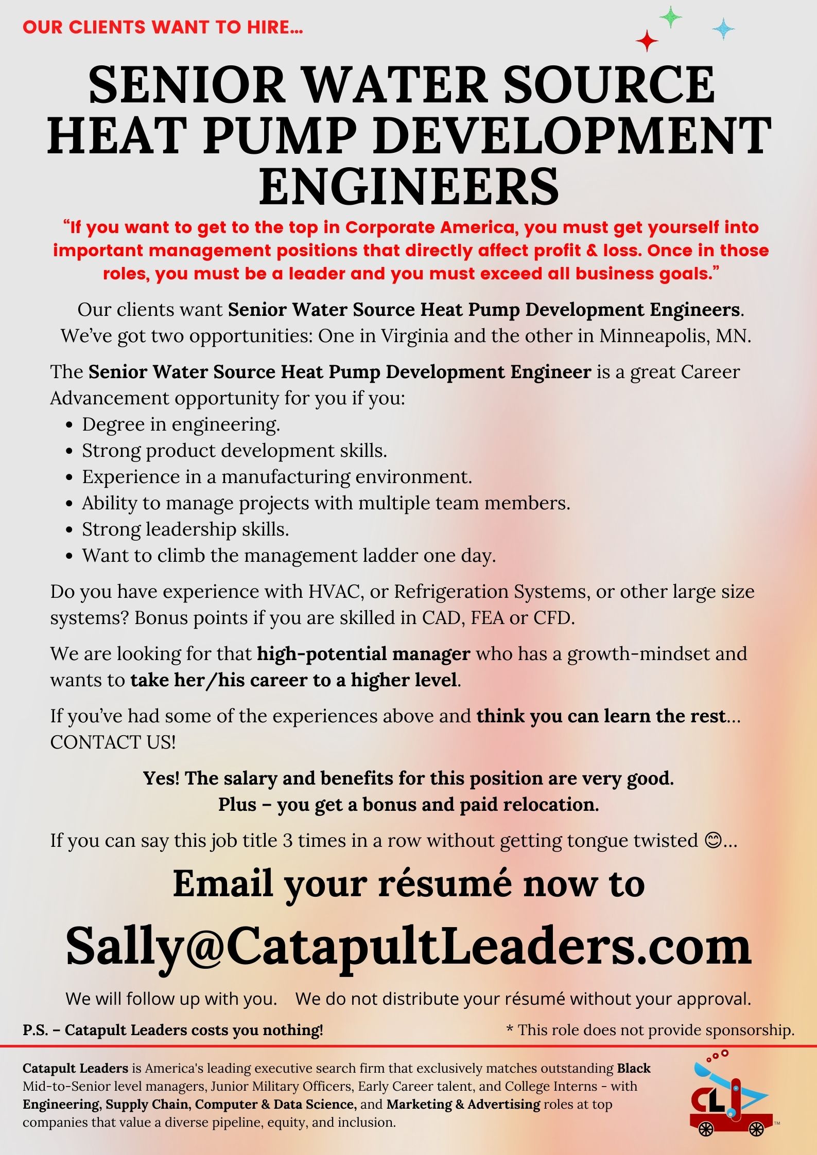 Senior Water Source Heat Pump Development Engineers - Catapult Leaders - JOBS